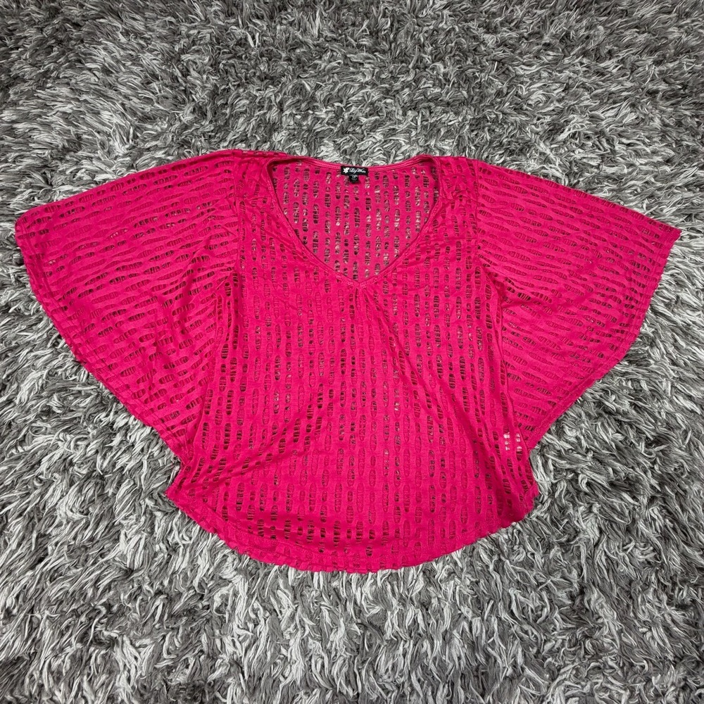 Lily White Womens Hot Pink Distressed Open Knit Dolman Sleeve V-Neck Top M USA